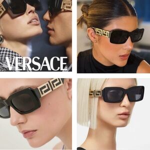 VERSACE RECTANGULAR BLACK / GOLD SUNGLASSES, WITH BOLD GOLD ICONIC GRECA ON ARMS